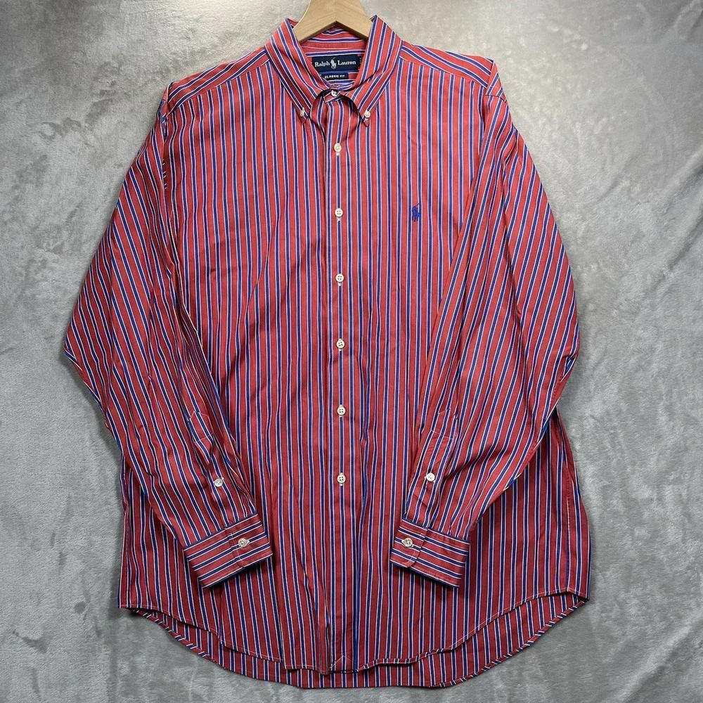 Ralph‎ Lauren Shirt Mens L Striped Red Blue White Classic Fit VTG